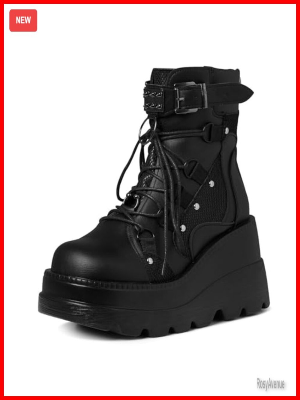 Goth Platform Ankle Boots Chunky Wedge Heel Vegan PU Leather Rave Booties